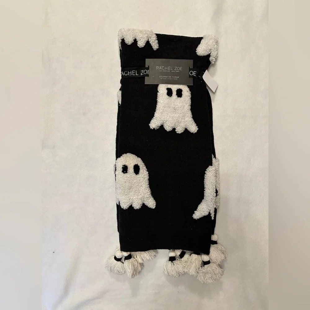 NWT Rachel Zoe Halloween Throw Blanket Black Tufted Ghosts Tassel Cottagecore